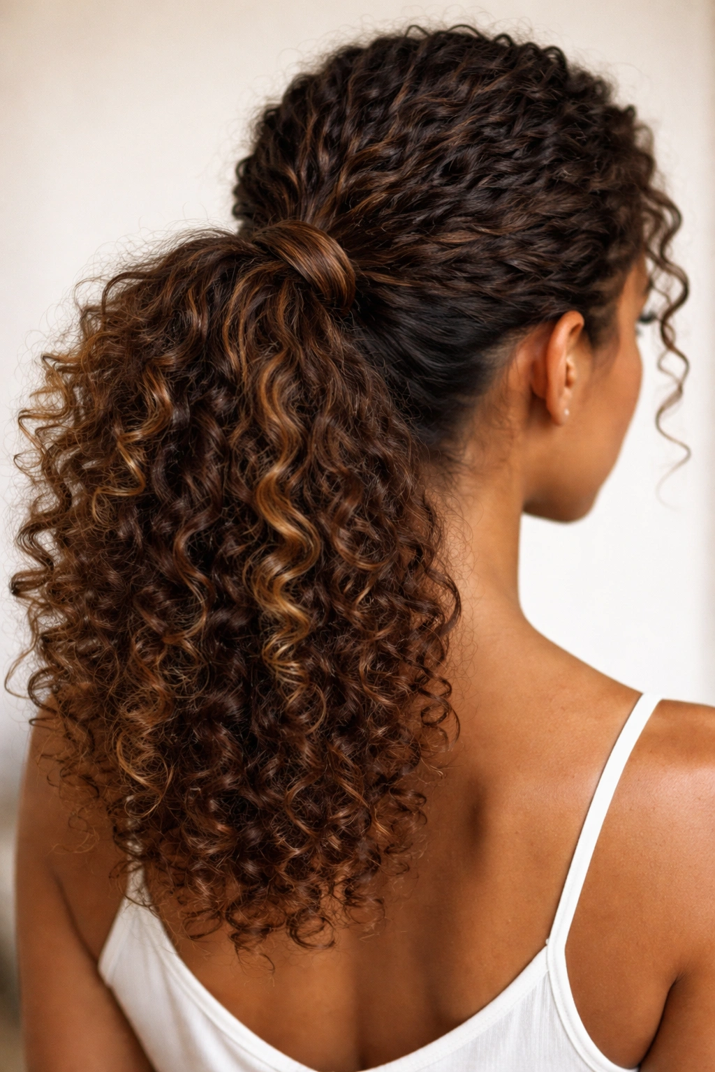 Ponytail with hair wrapped around the elastic, concealing the band