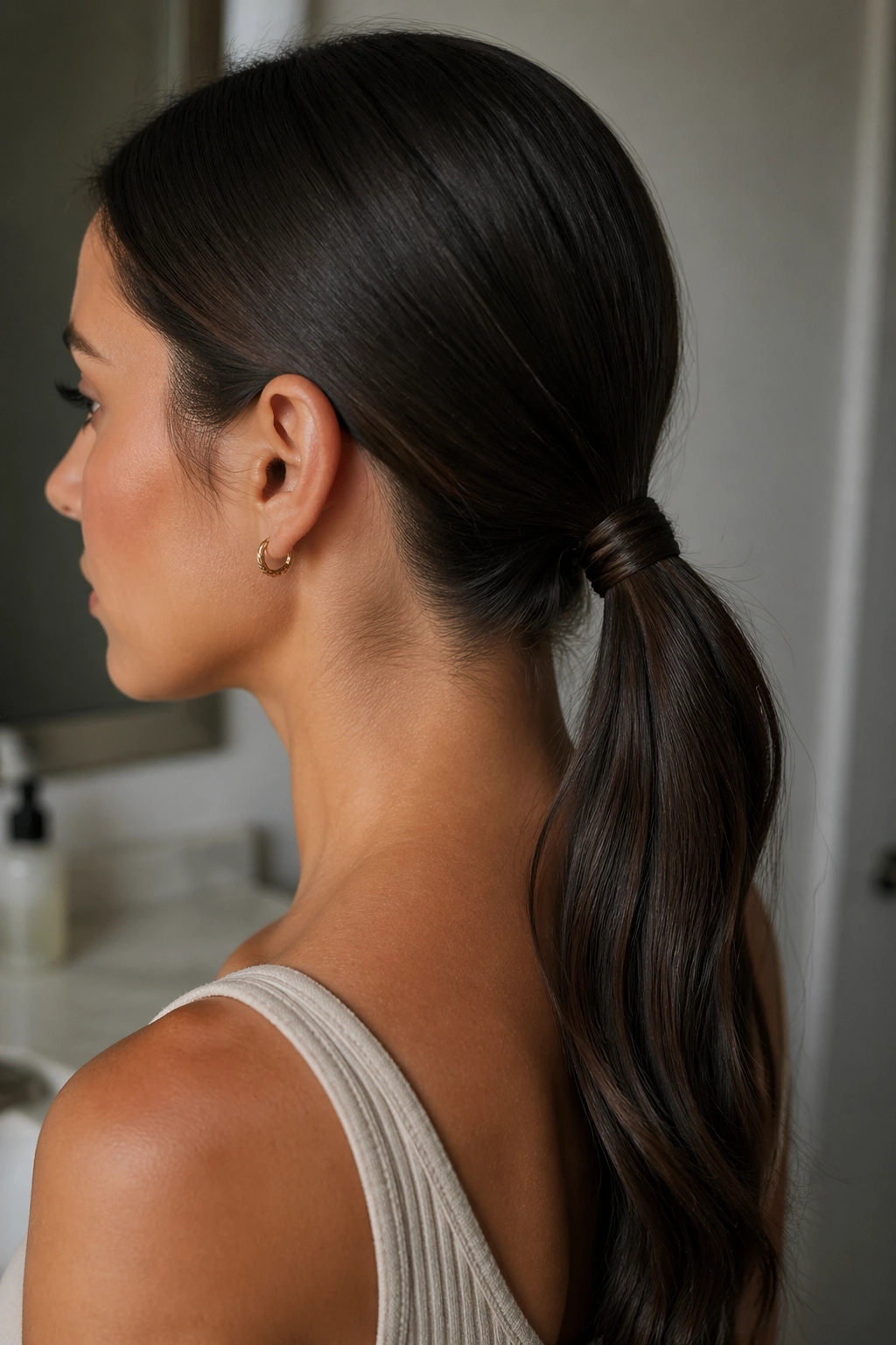 Side profile of a real woman showing a wrapped low ponytail with a hidden elastic