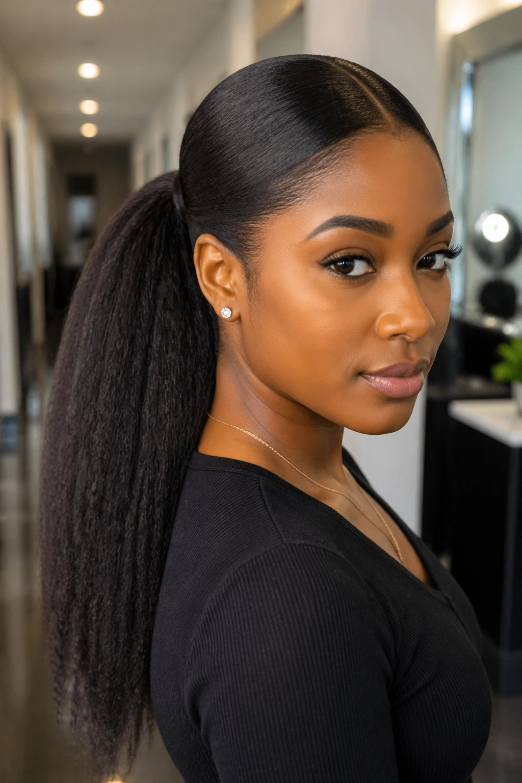 Real woman with wrapped ponytail and kinky straight extensions, middle part clean