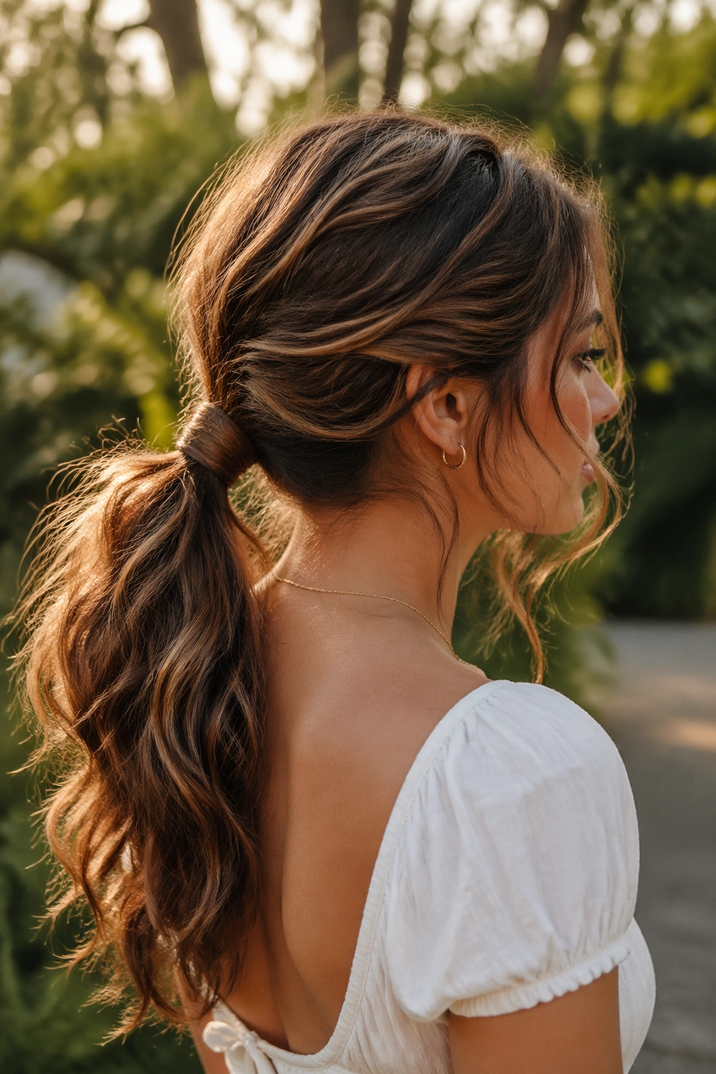 Close-up of a real woman with wrapped-length ponytail