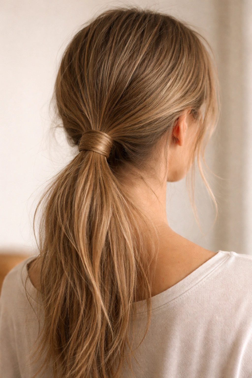 Close-up of a wrapped low ponytail concealing the elastic with loose crown strands on straight silky hair