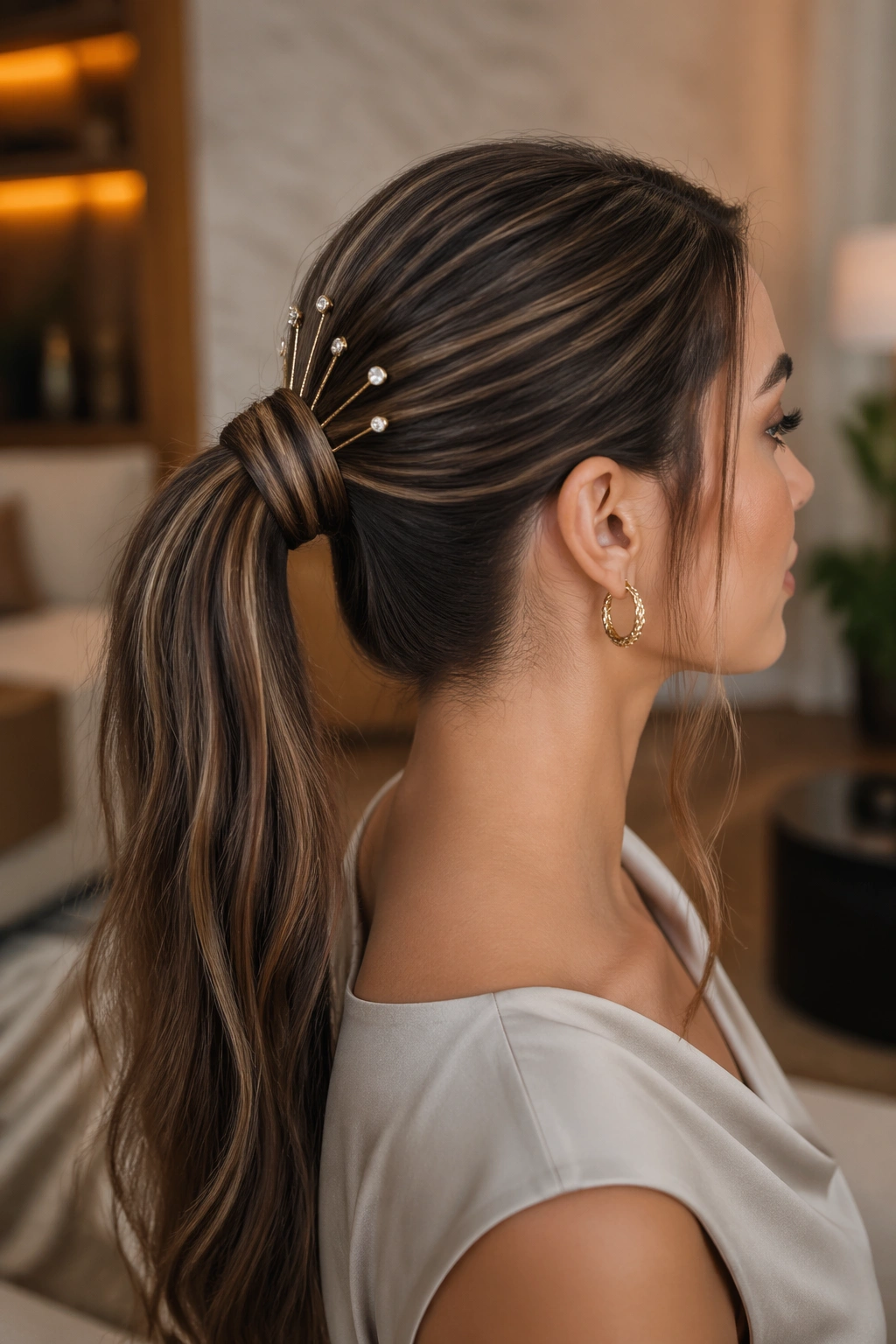Close-up of wrapped ponytail with decorative pins on a real woman’s head