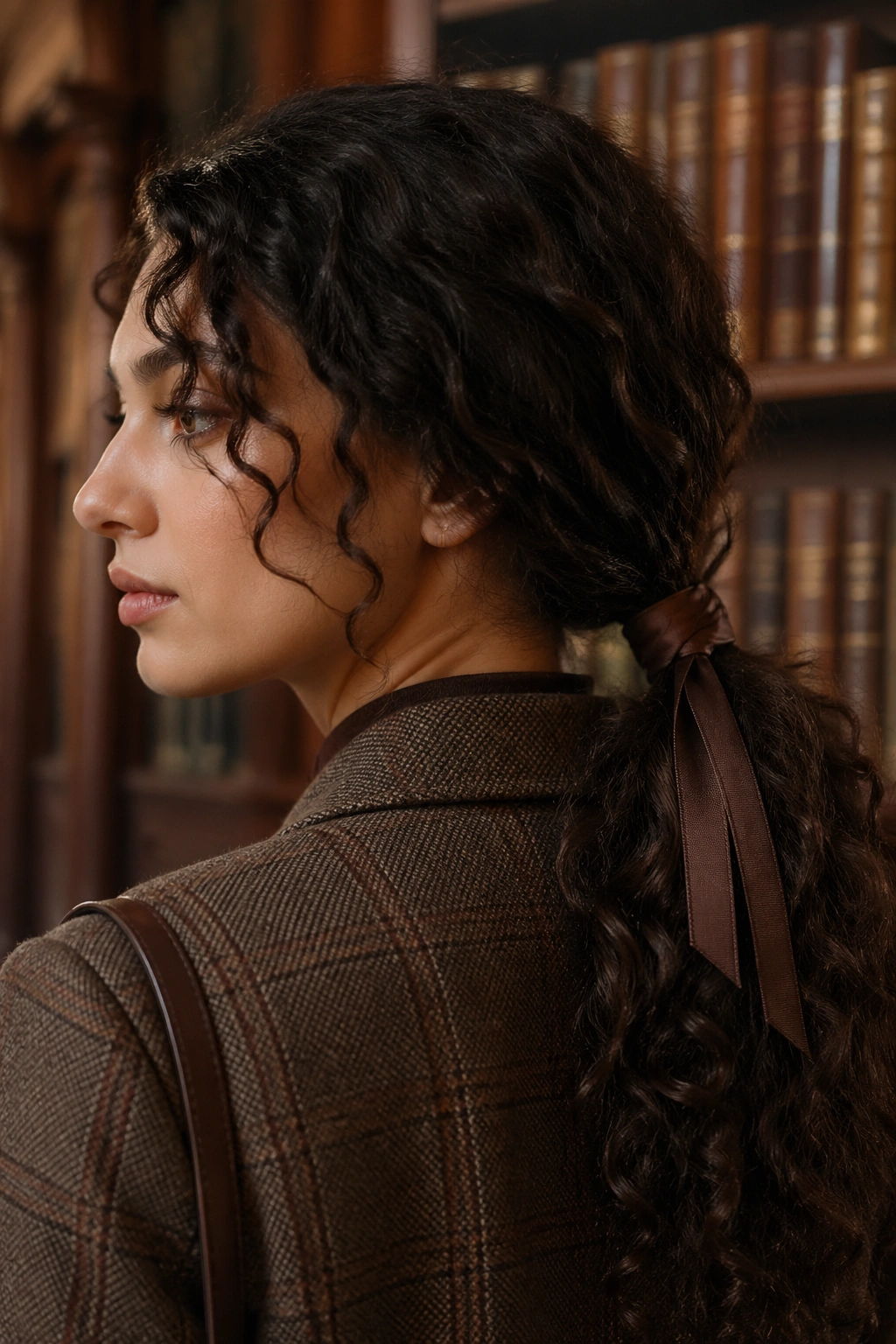 Close-up portrait of a woman with a wrapped ribbon low ponytail in a library setting.