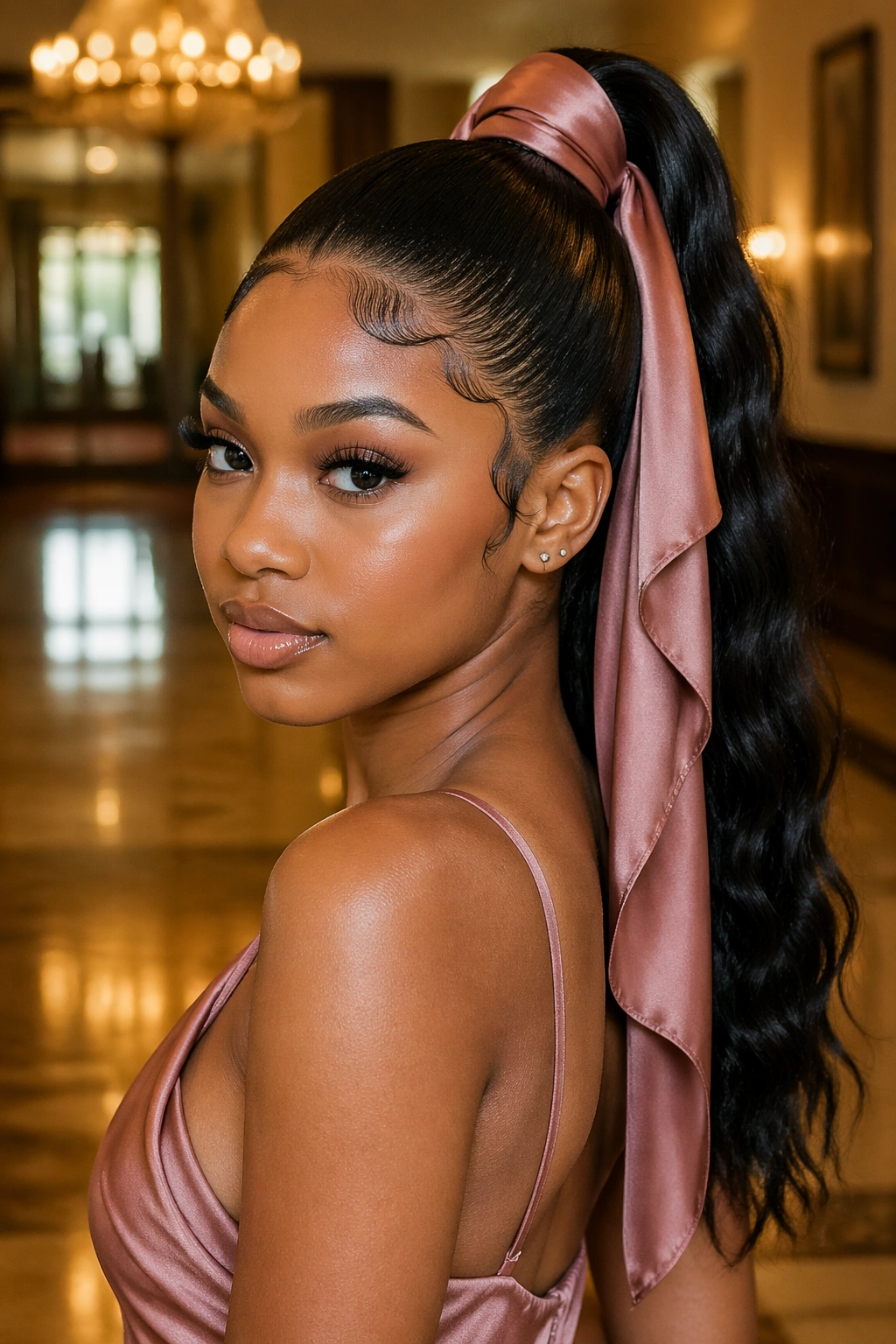 Close-up of a real Black woman with a wrapped satin scarf around a high ponytail