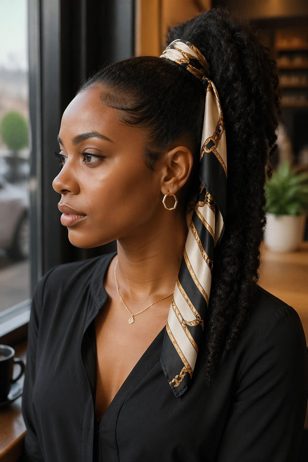 Close-up of a real woman's ponytail wrapped with a satin scarf.