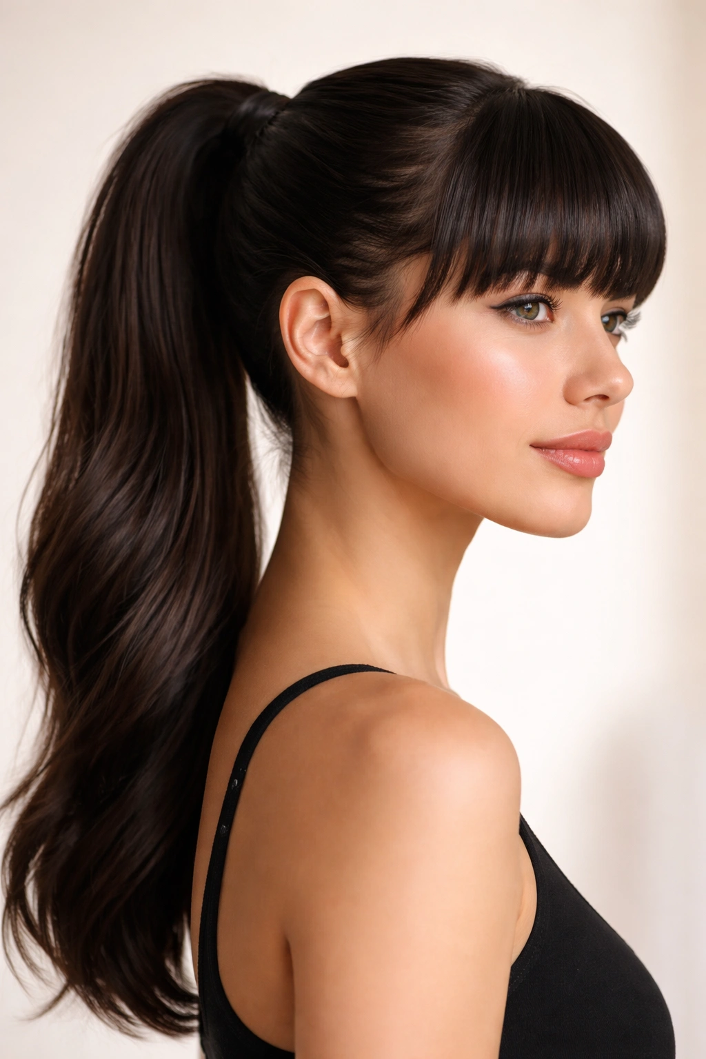 Wrapped ponytail with hidden wrap around elastic and blunt bangs
