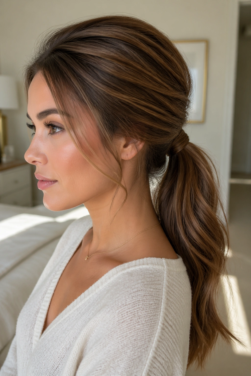 Close-up of a real woman with a wrapped low ponytail and teased base