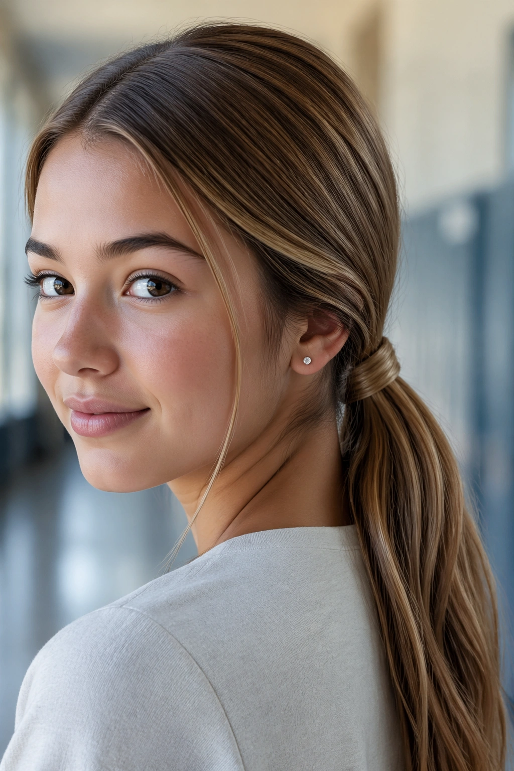 Teen girl with a neatly wrapped ponytail at the base, visible hair wrap.