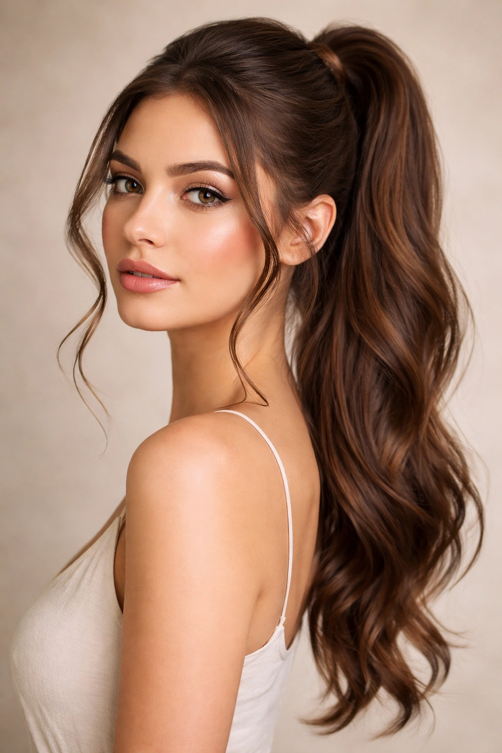 Wrapped ponytail with tendrils around the face for a soft romantic look