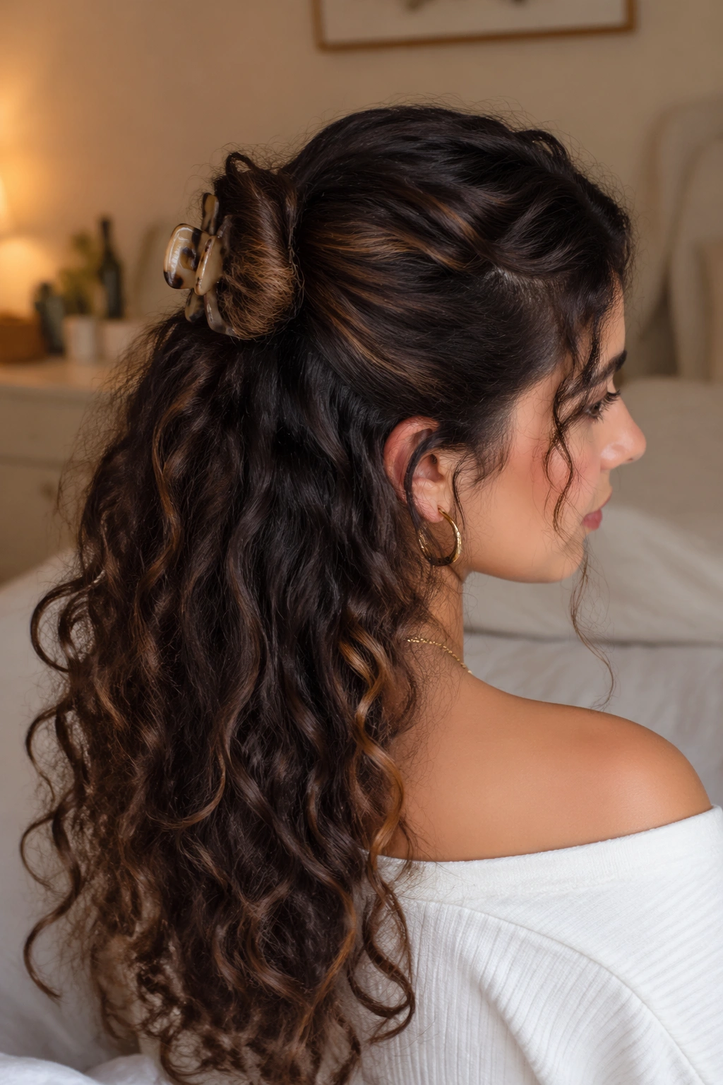 Real person showing wrapped twist half-up style on long curls with clip