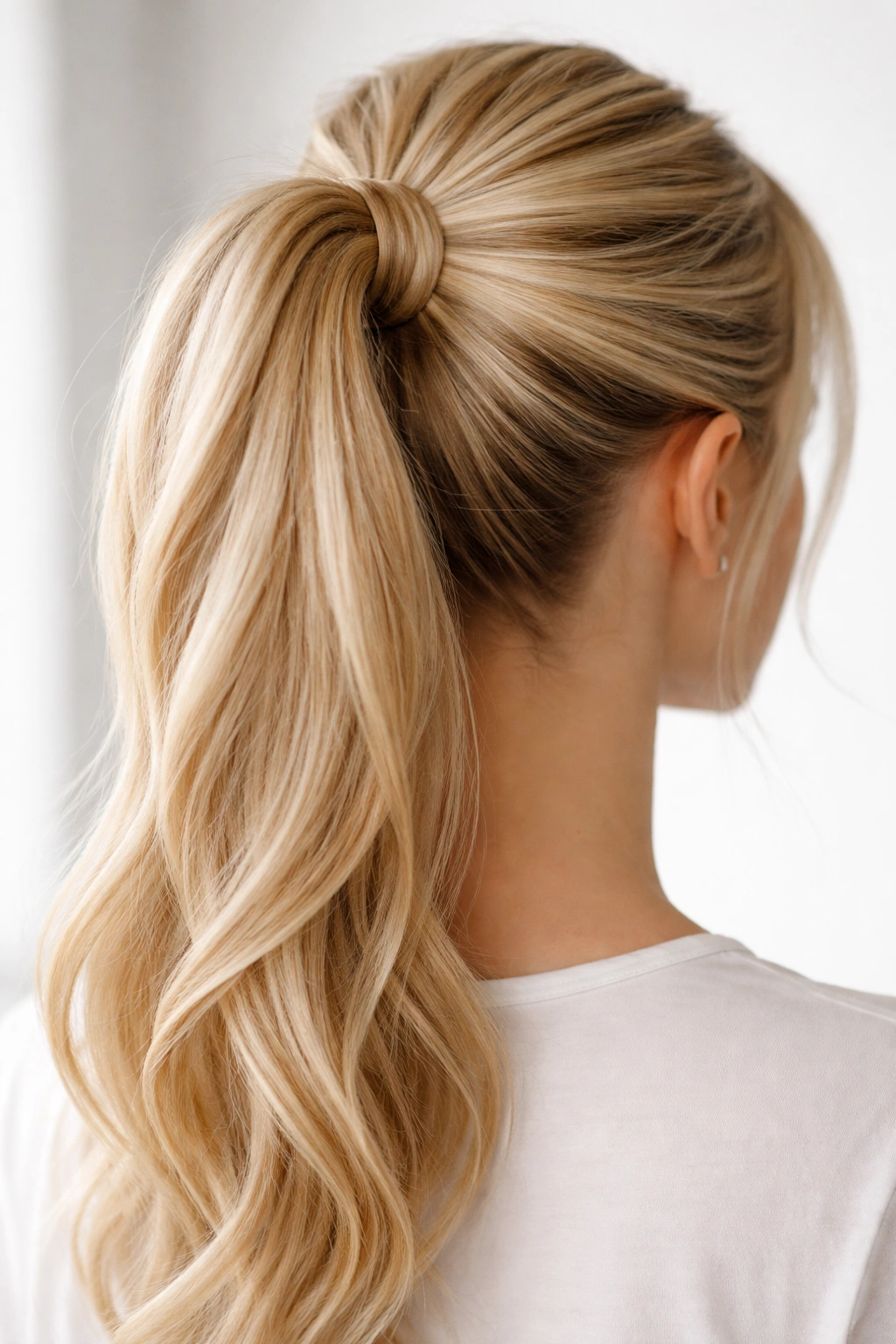Back view of blonde high ponytail with wrapped twist around elastic