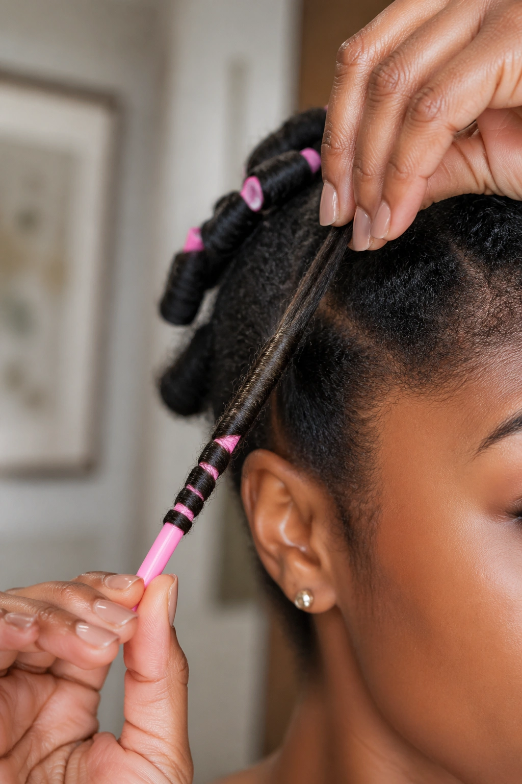 Close-up of hair wrapped around a straw during straw curl wrapping