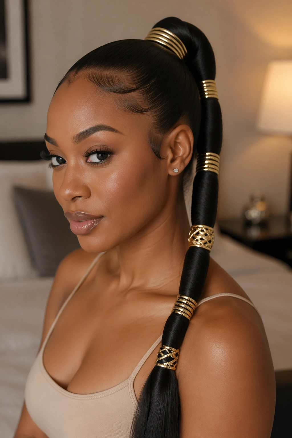 Real woman wearing a ponytail with wraps and cuffs