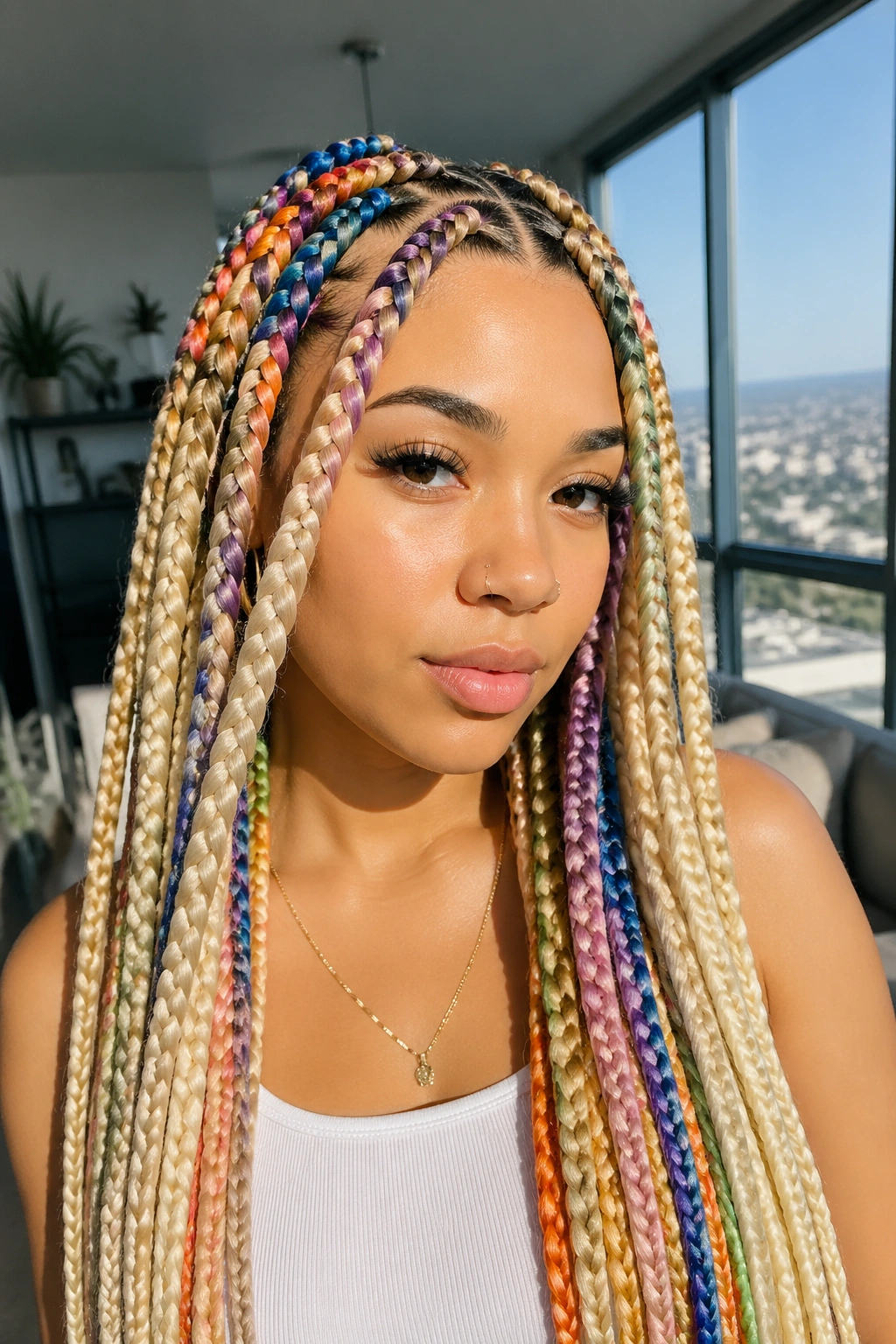 Close-up of XL blonde braids with multicolor feed-ins on a real person