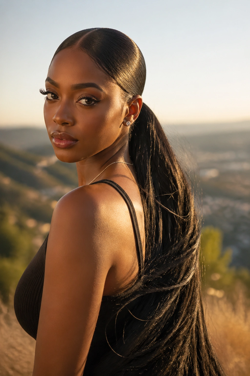 Portrait of a real woman with an XXL sleek middle part ponytail