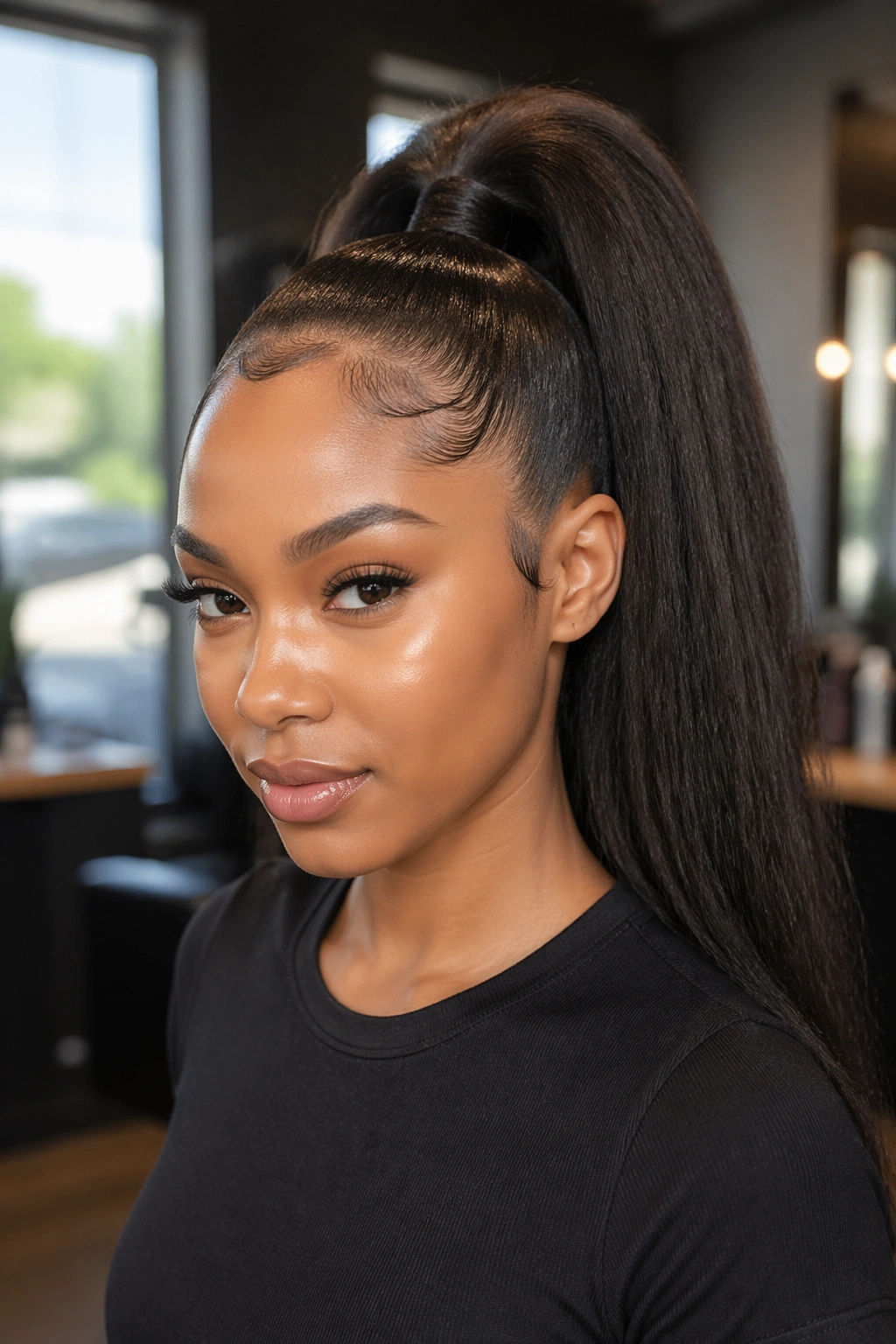Close-up portrait of a real woman wearing a Yaki Straight Drawstring Ponytail with textured blend to Afro hair