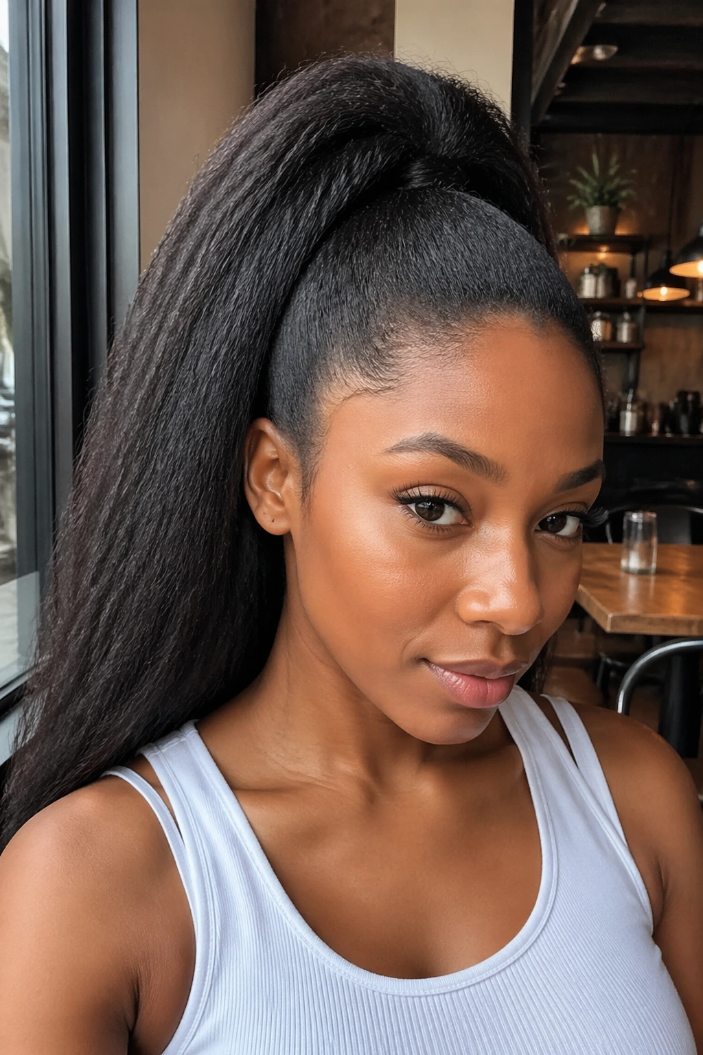 Close-up of a real woman wearing Yaki-Texture High Ponytail Extension with natural texture