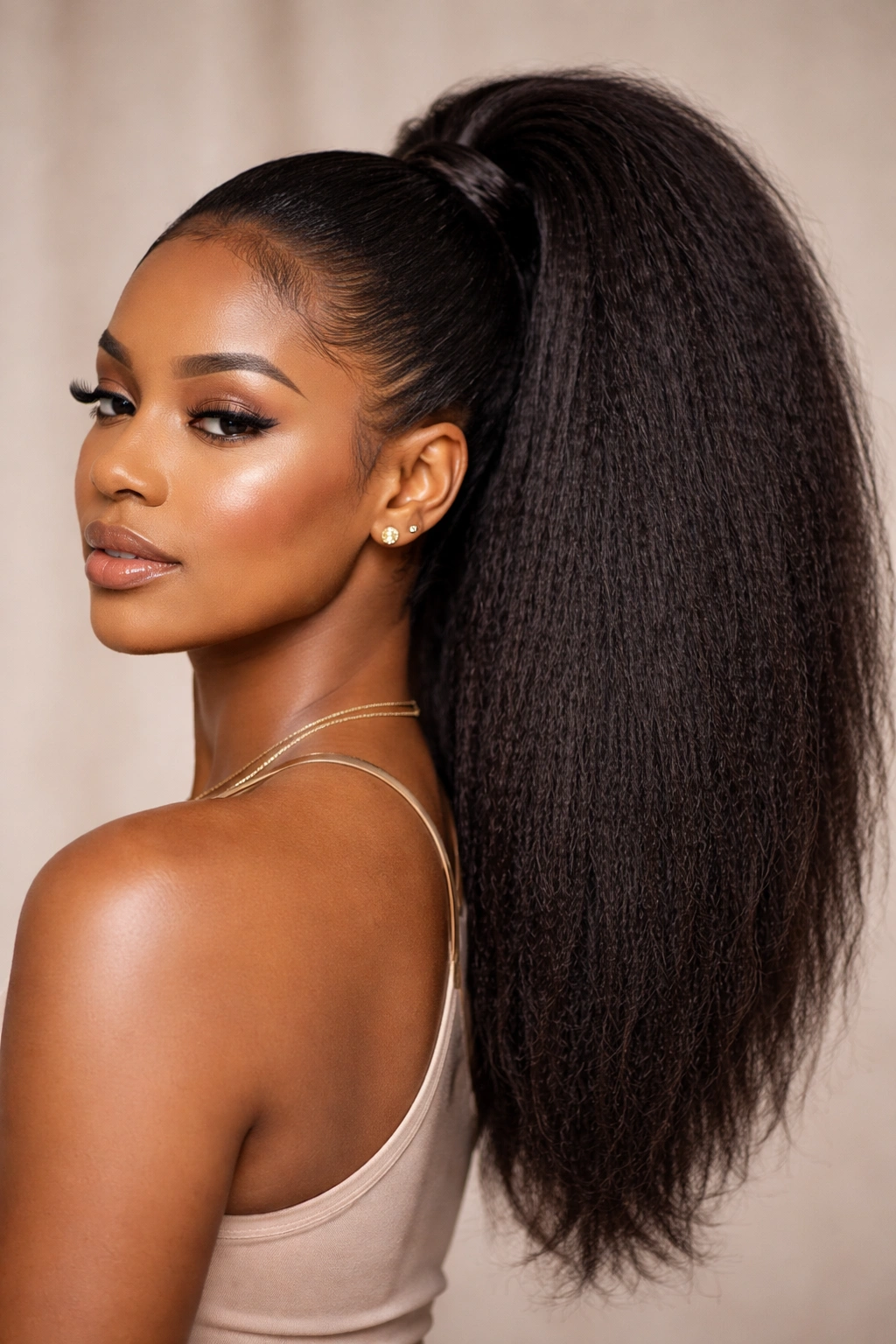 Ponytail with voluminous yaki texture and natural kink