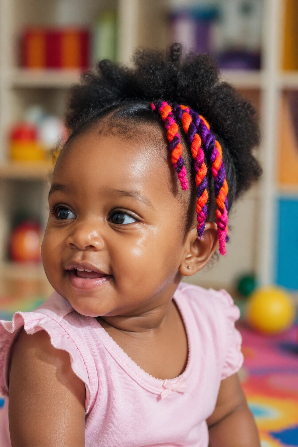 Close-up of toddler with colorful yarn twists