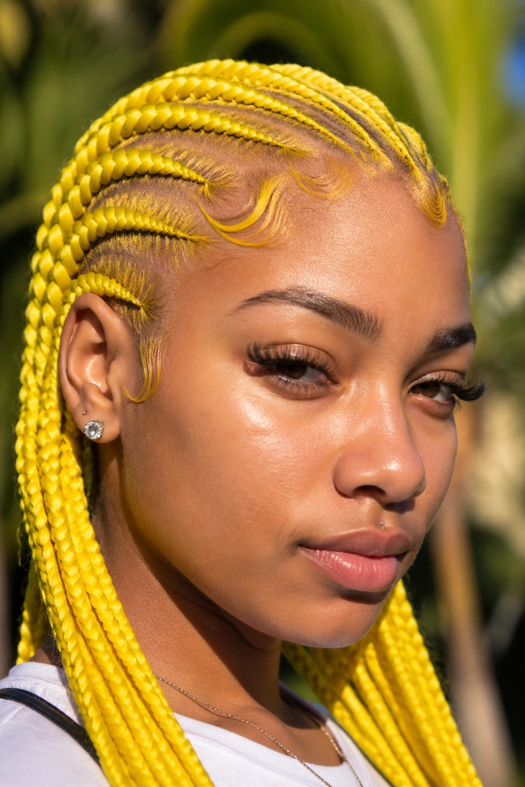 Close-up of a real person with bright yellow cornrows