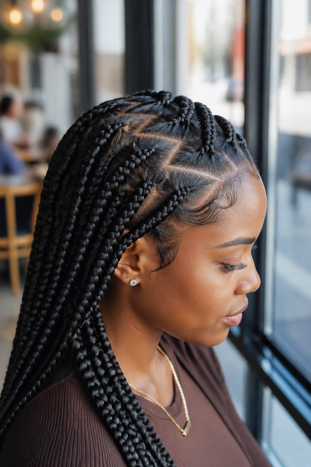 Real woman with zig-zag part lemonade box braids, close-up portrait.