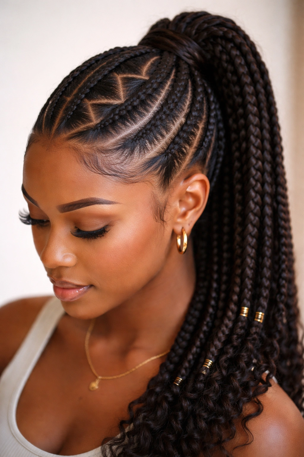 Zig-zag part cornrow ponytail close-up showing zig-zag scalp line