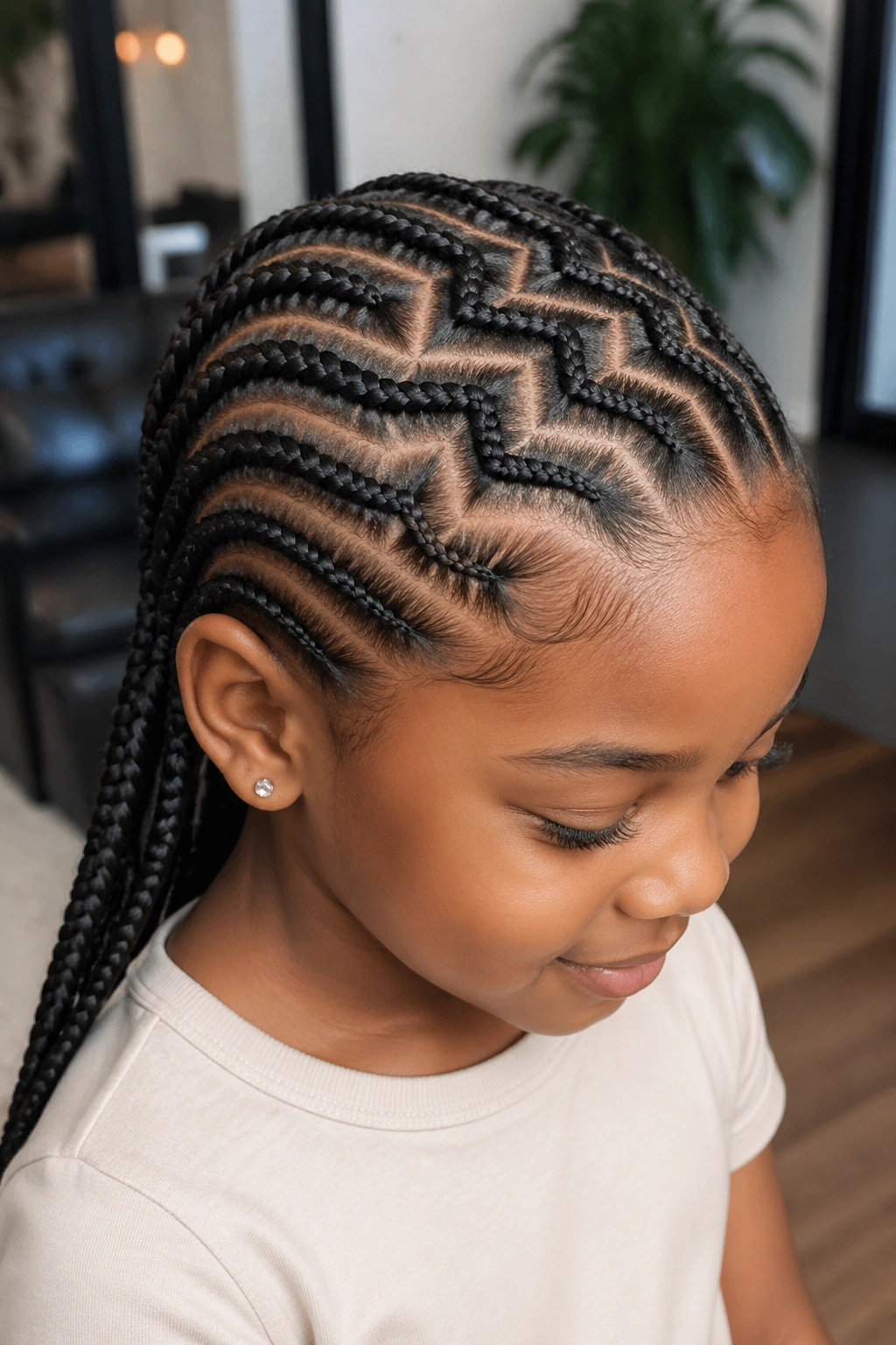 Child with zig-zag part cornrows in salon setting