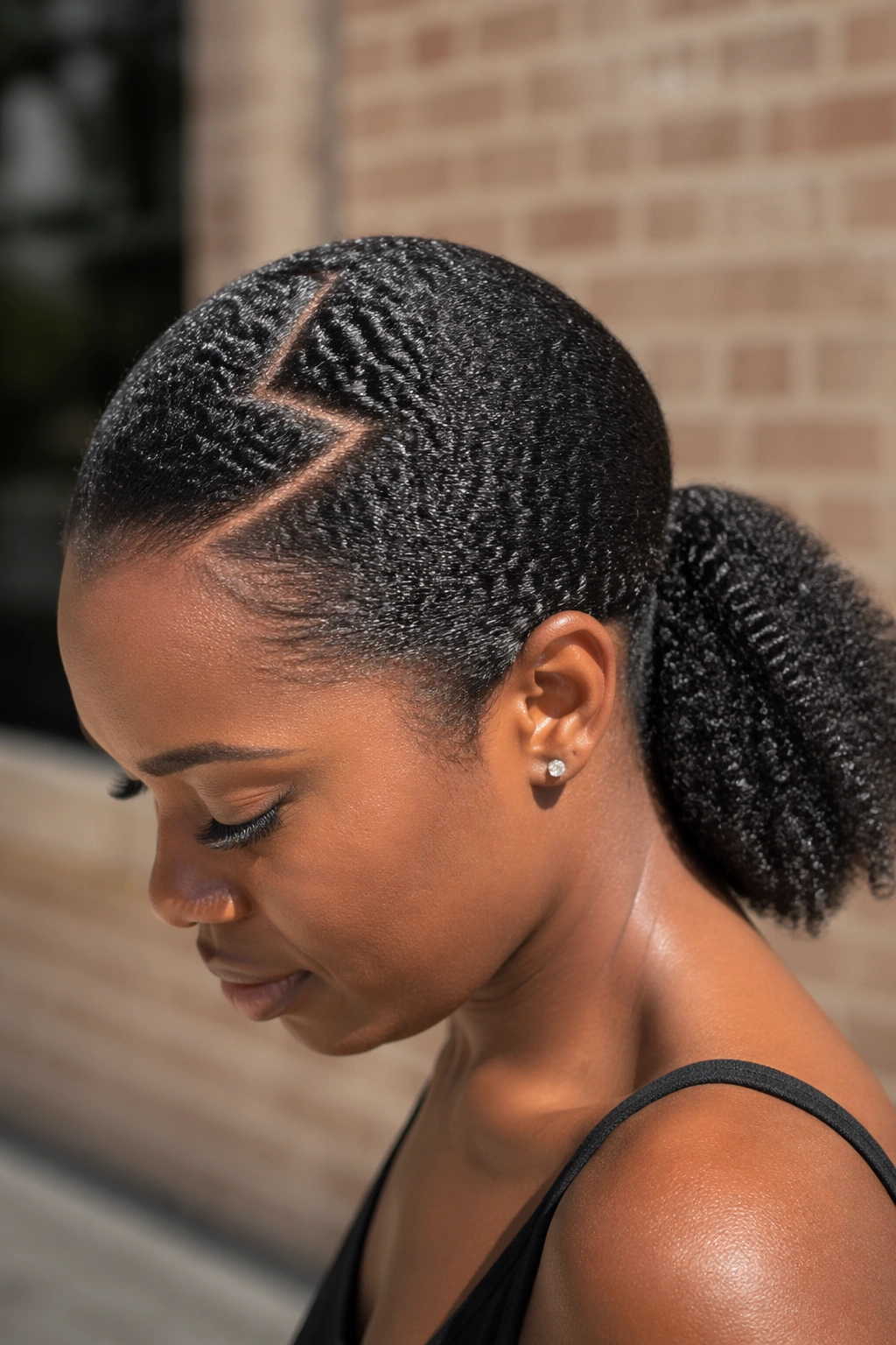 Close-up of a real woman with a zig-zag part and low ponytail