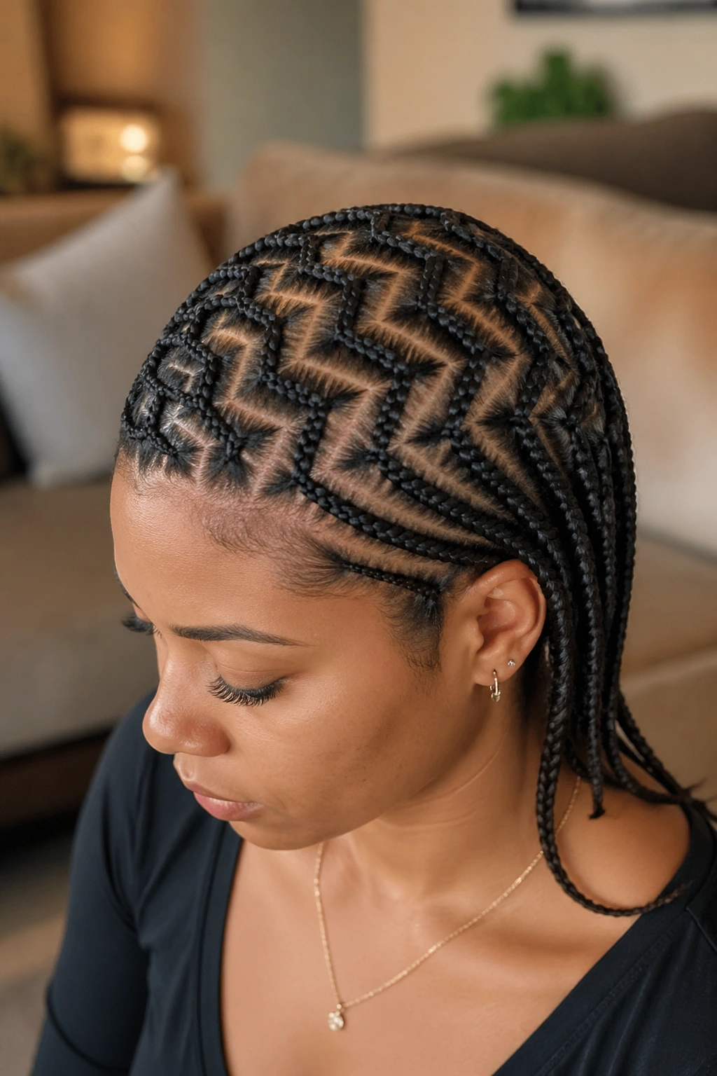 Close-up of a real person with zig-zag parts across the cornrow scalp
