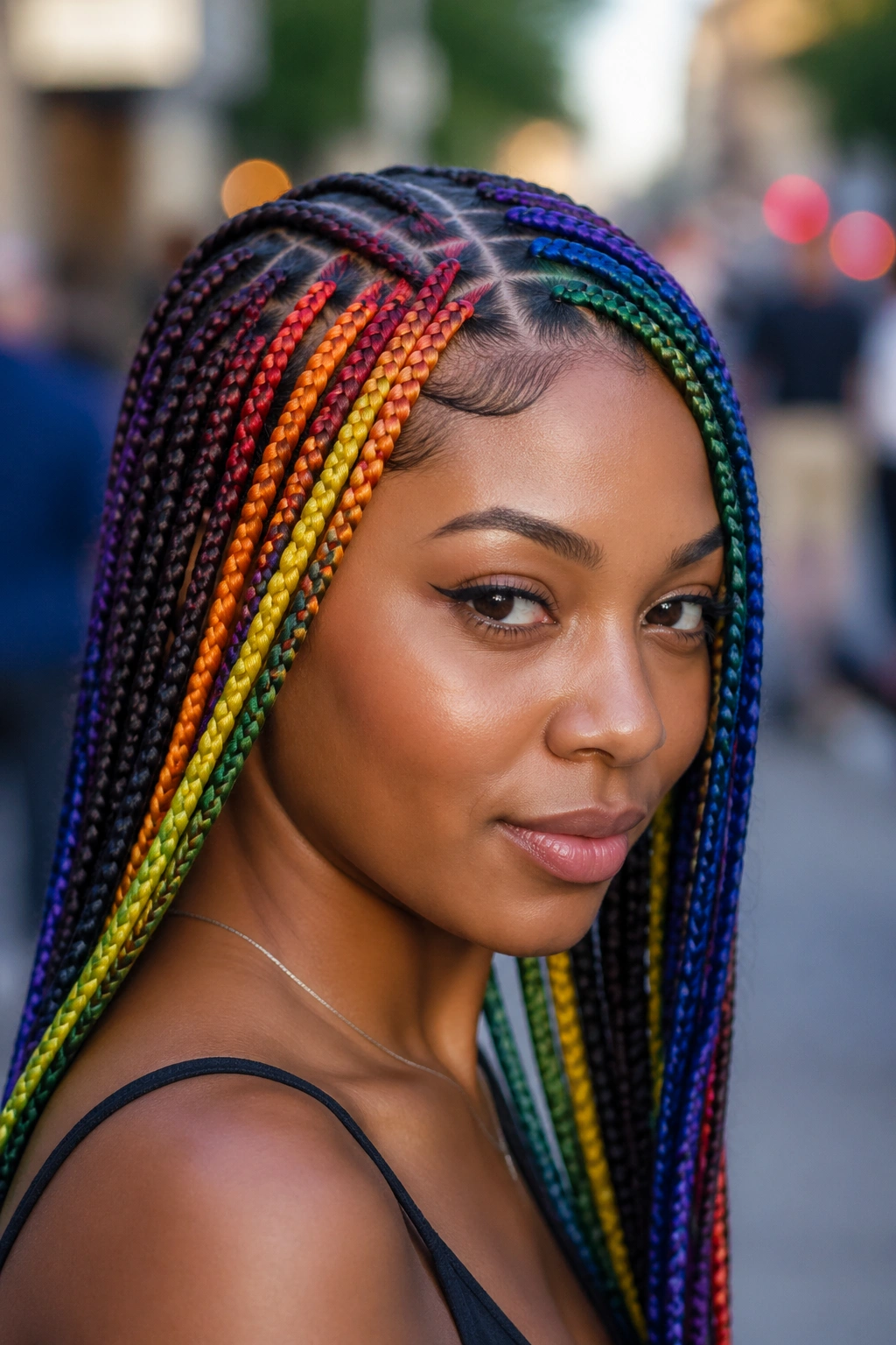 Close-up of a real person with zig-zag part rainbow box braids on an urban street backdrop