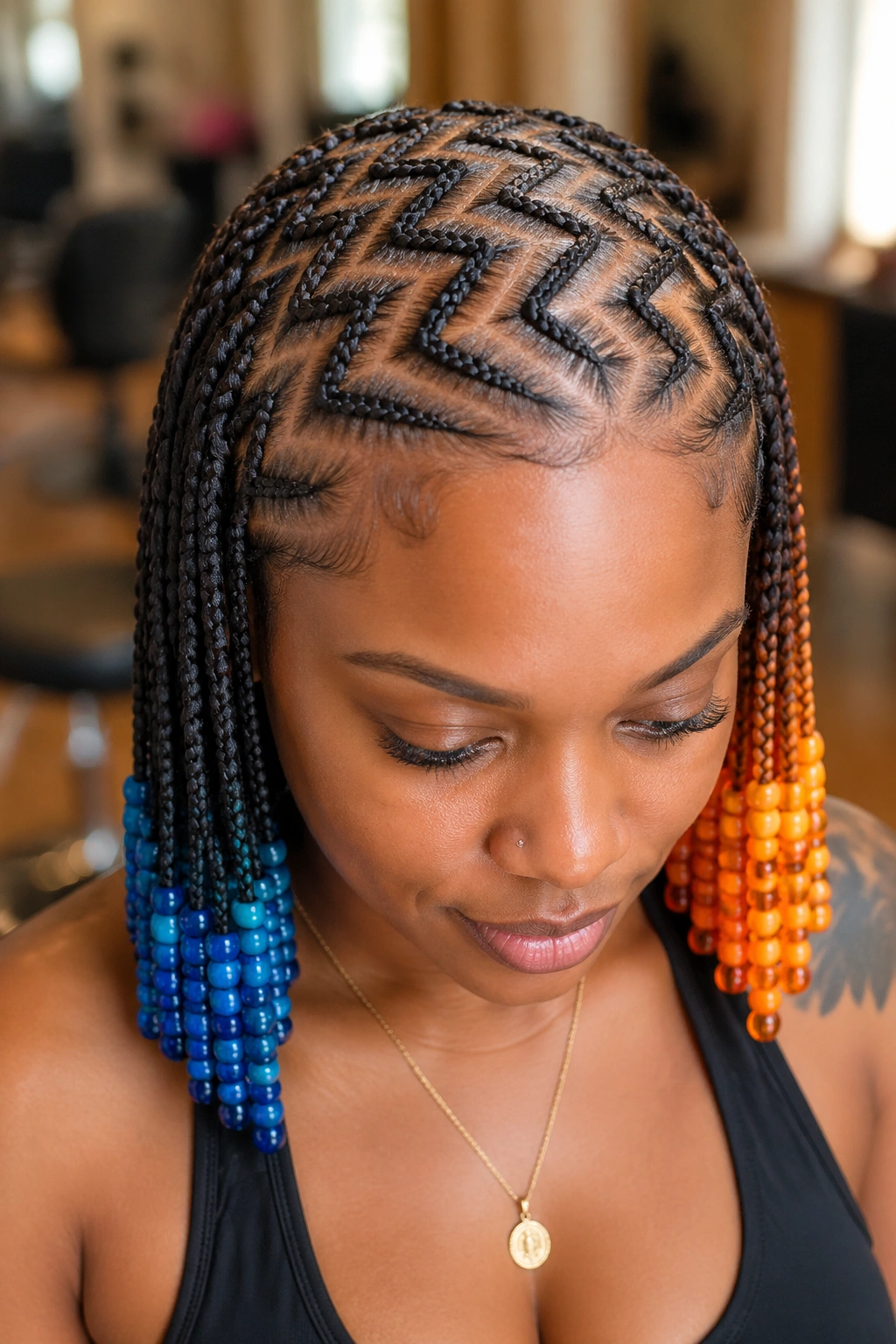 Close-up of a real person's zigzag cornrows with blue, neutral, and orange bead blocks