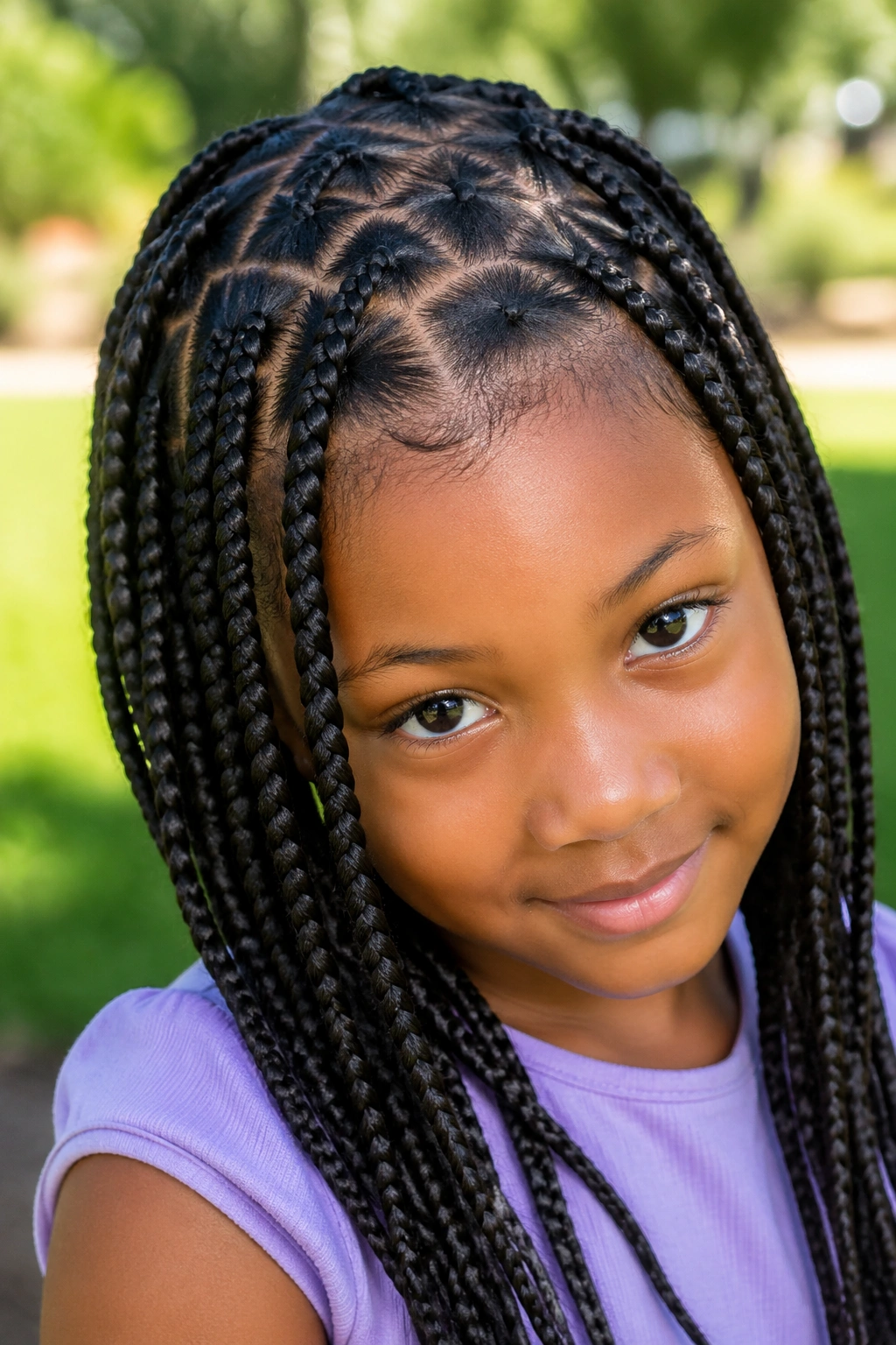 Close-up of a girl with zigzag part box braids in an outdoor park