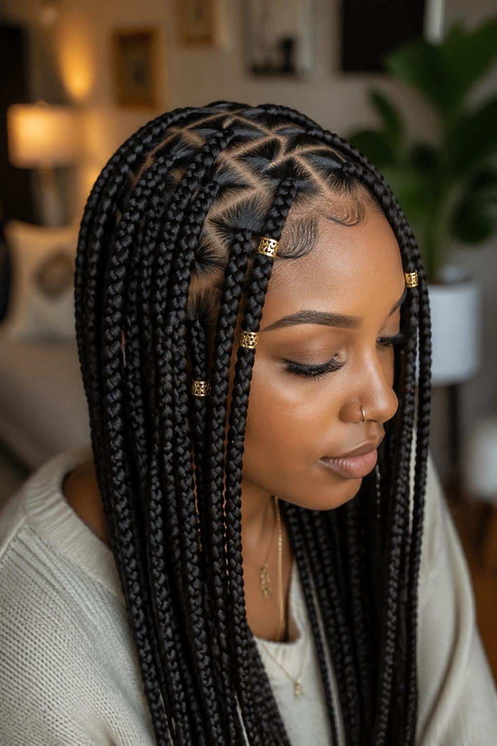 Close-up of a real person with zigzag box braids and gold cuffs on front rows.