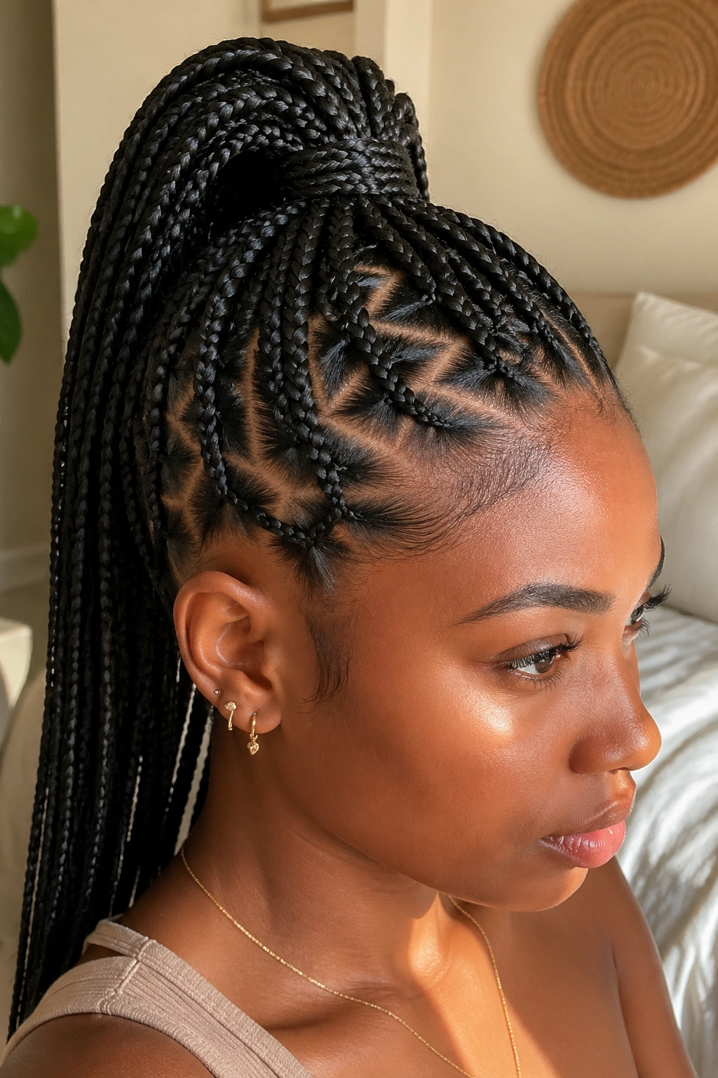 Close-up of a real woman with a high zigzag ponytail showcasing scalp zigzag in box braids.