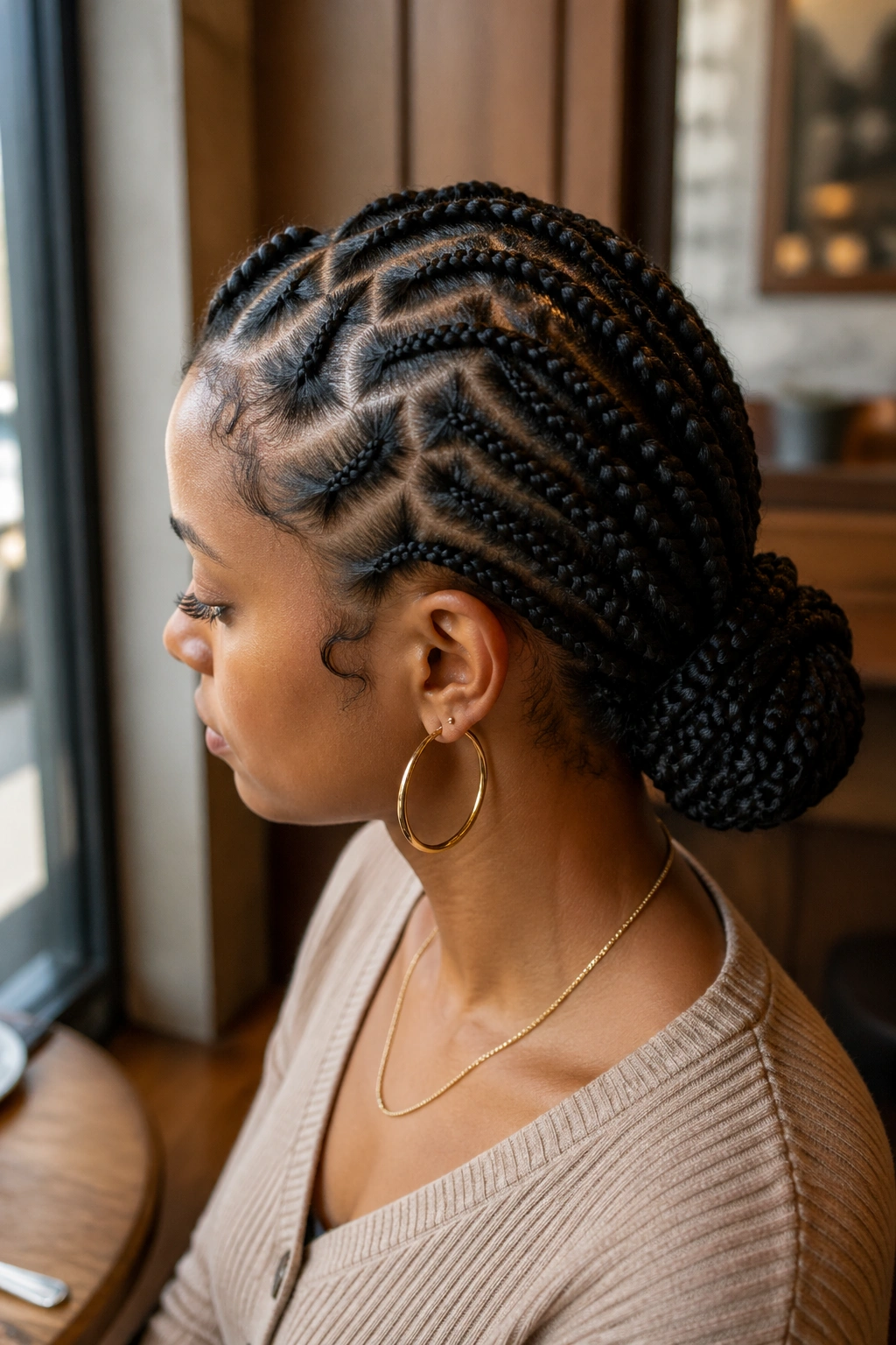 Close-up of a real person with a low bun zigzag box braids and crown pattern visible.