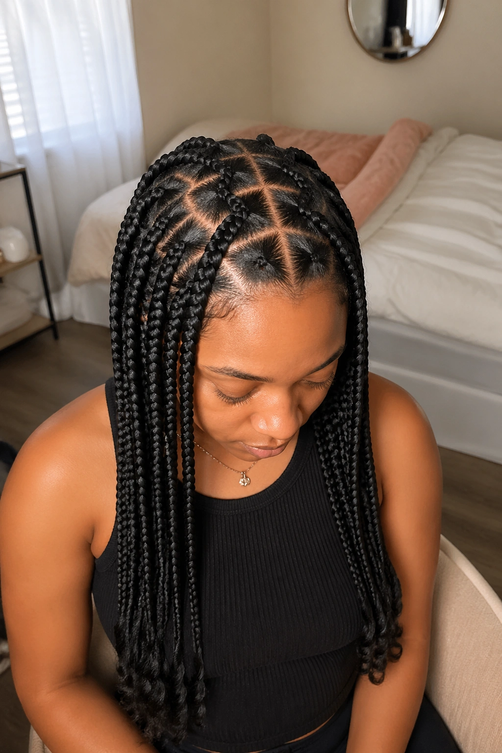 Close-up of a real woman with medium zigzag box braids and crisp part lines visible at the scalp