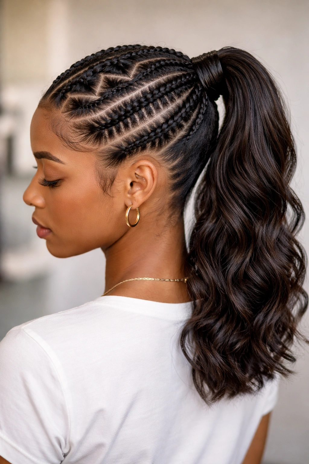 Zigzag-part stitch braids forming a neat ponytail on medium-length hair