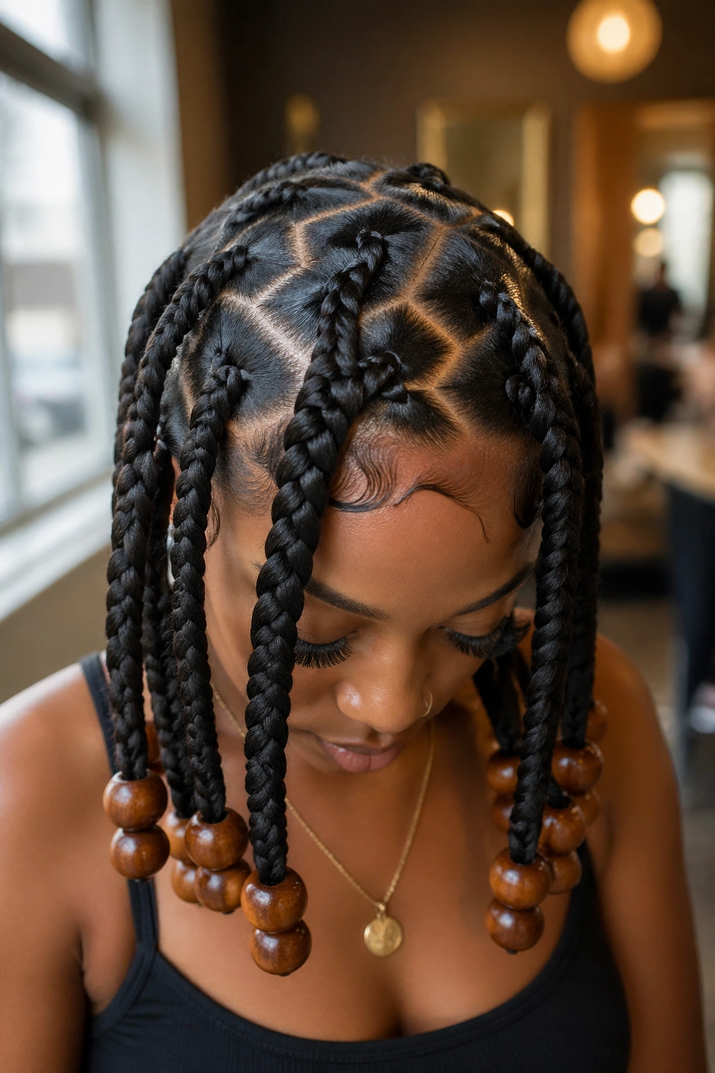 Close-up of a real person with eight jumbo zigzag braids and wooden beads at the tips