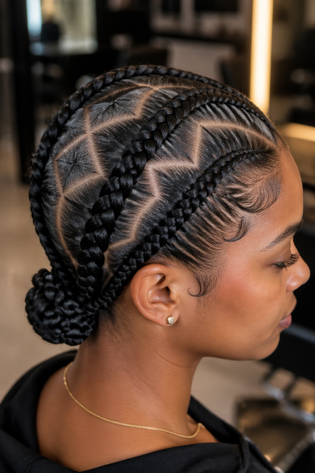 Profile view of a real woman with zigzag-part cornrows forming a bun at the nape