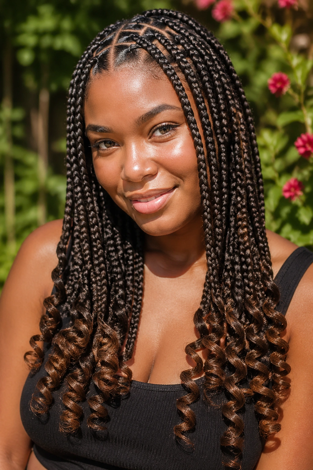 Close-up of real woman with zigzag box braids and curled ends