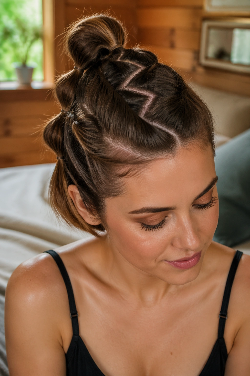 Close-up of a real woman with a zigzag-part bubble ponytail