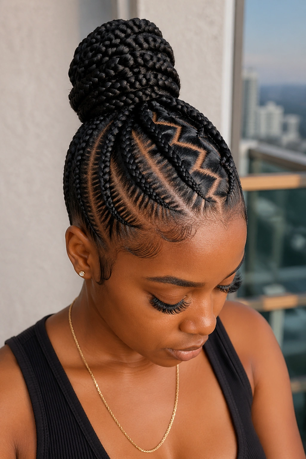 Real woman with zigzag part and bun