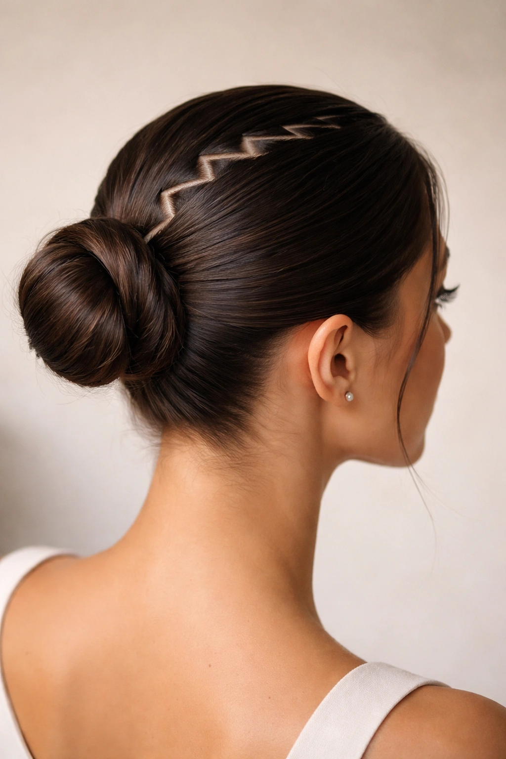 Mid-height sleek bun with zig-zag parting carved into the scalp