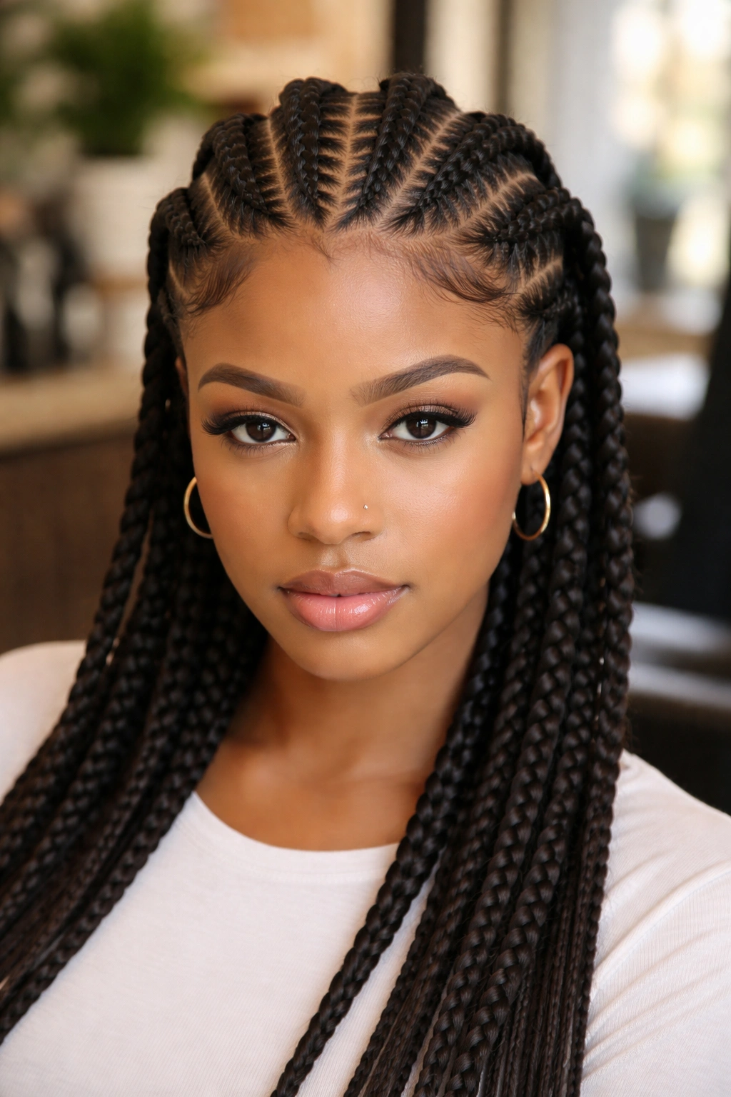 Six cornrows with center zigzag part on real head