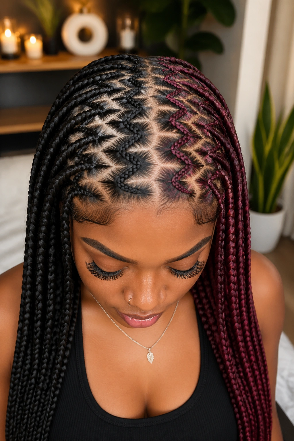 Real woman with color-block zigzag cornrows, natural and colored halves