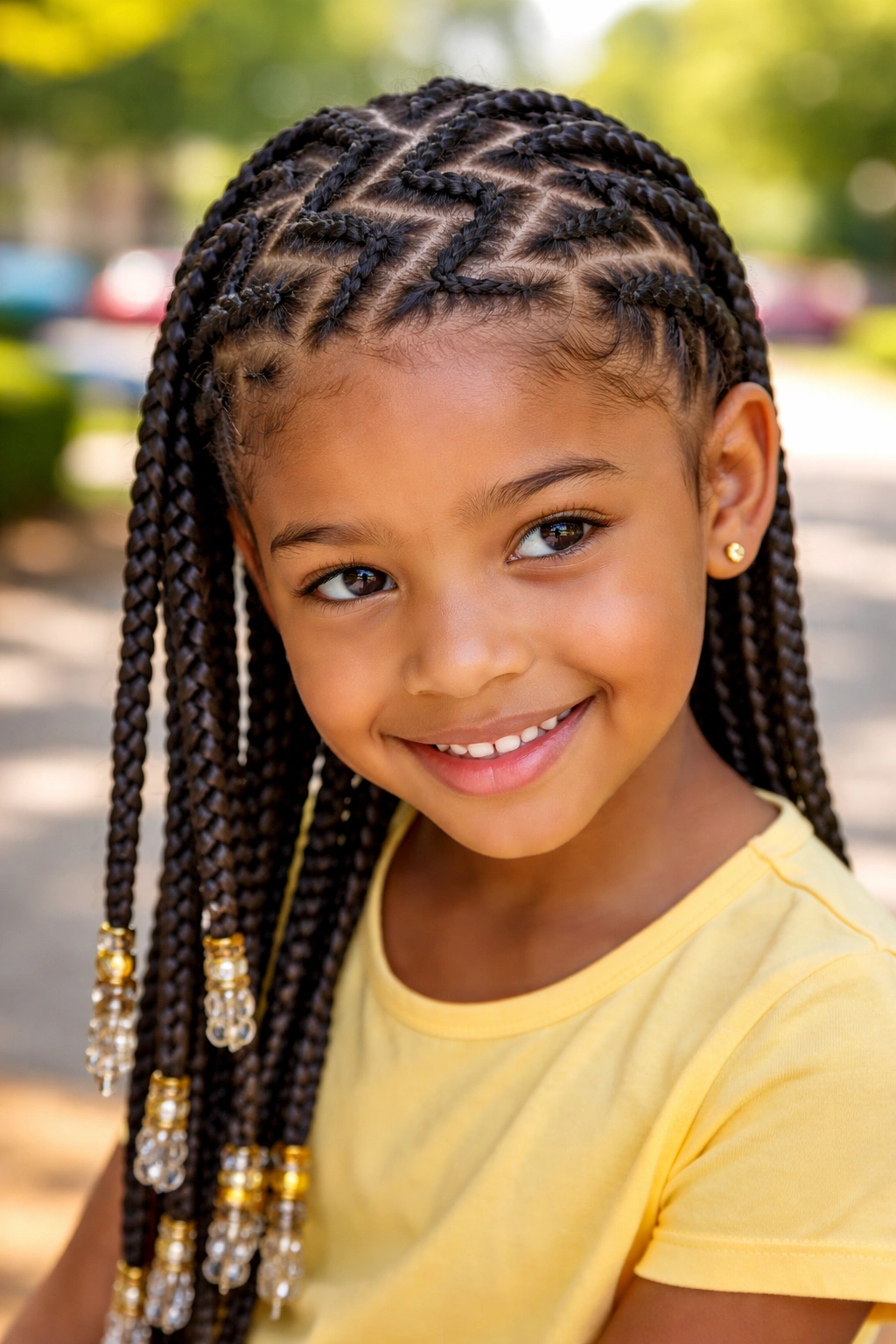 Girl with zigzag part cornrows on scalp