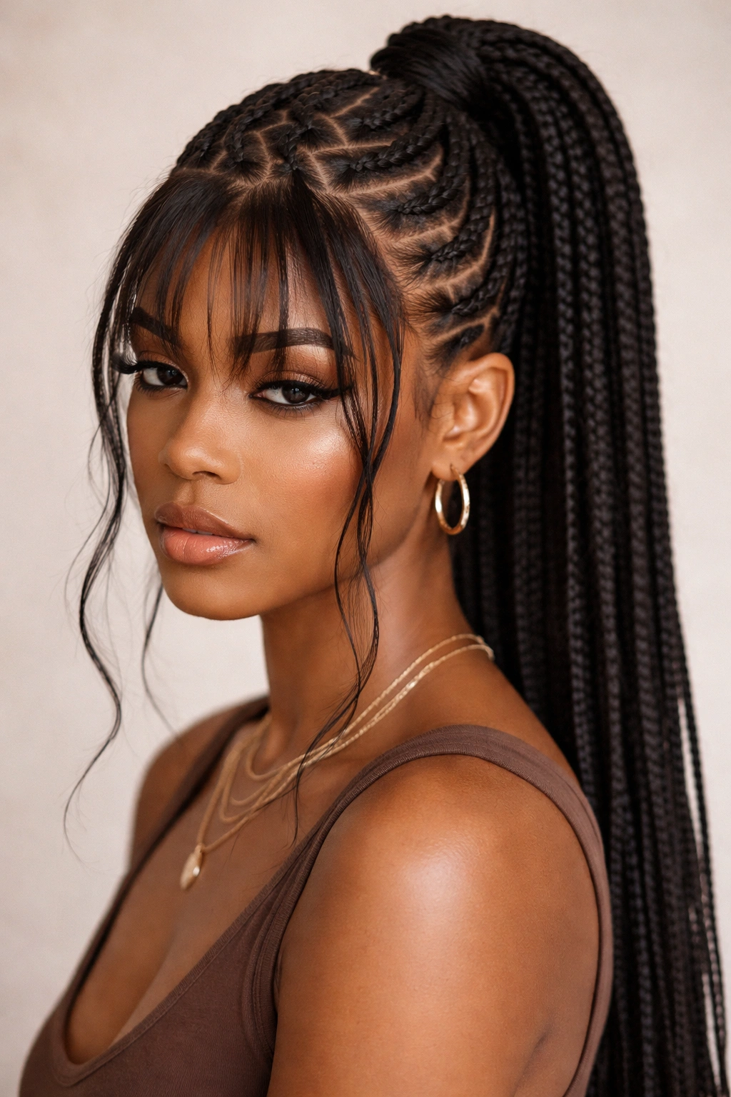 Zigzag-part cornrow ponytail with wispy bangs