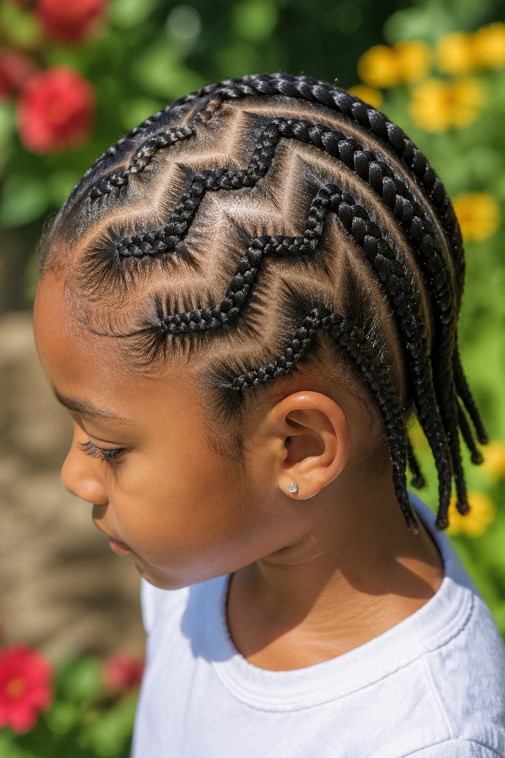 Close-up of zigzag-part cornrows on a child's head in sunlight