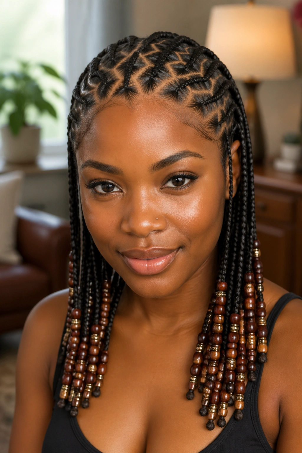 Close-up of zigzag cornrows with beaded ends on a real Black woman.