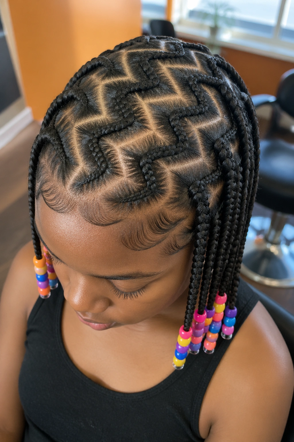 Close-up of a real person's crown with zig-zag cornrows and colorful acrylic beads